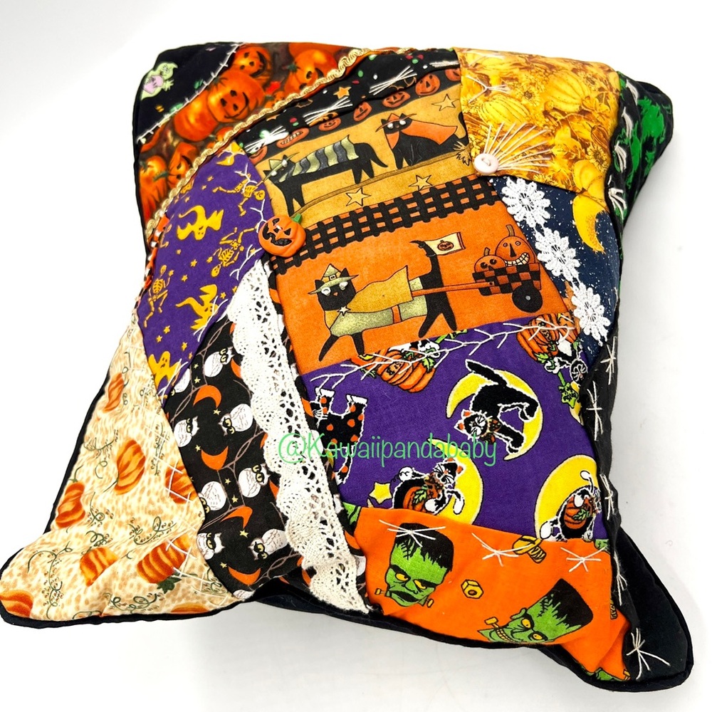 Y2K Vintage Handmade Mixed Fabric Patchwork Halloween Fall Autumn Throw Pillow